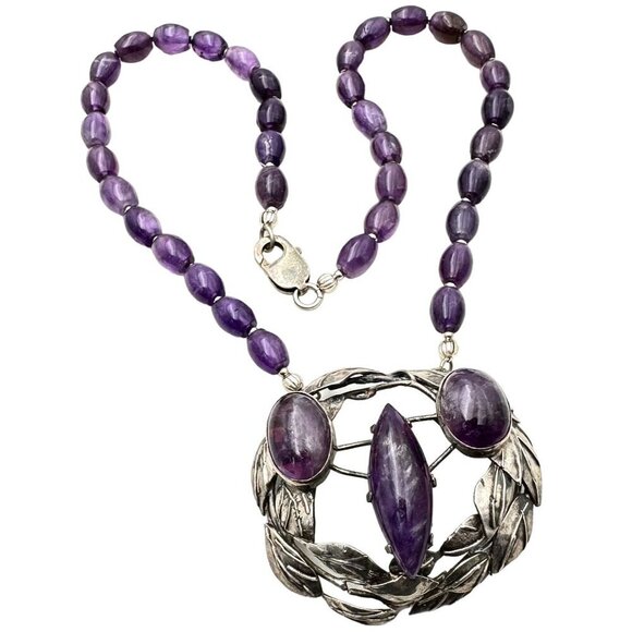 Womens Necklace Sterling Silver Amethyst Artisan Leaf Design Pendant Unique - Picture 1 of 4